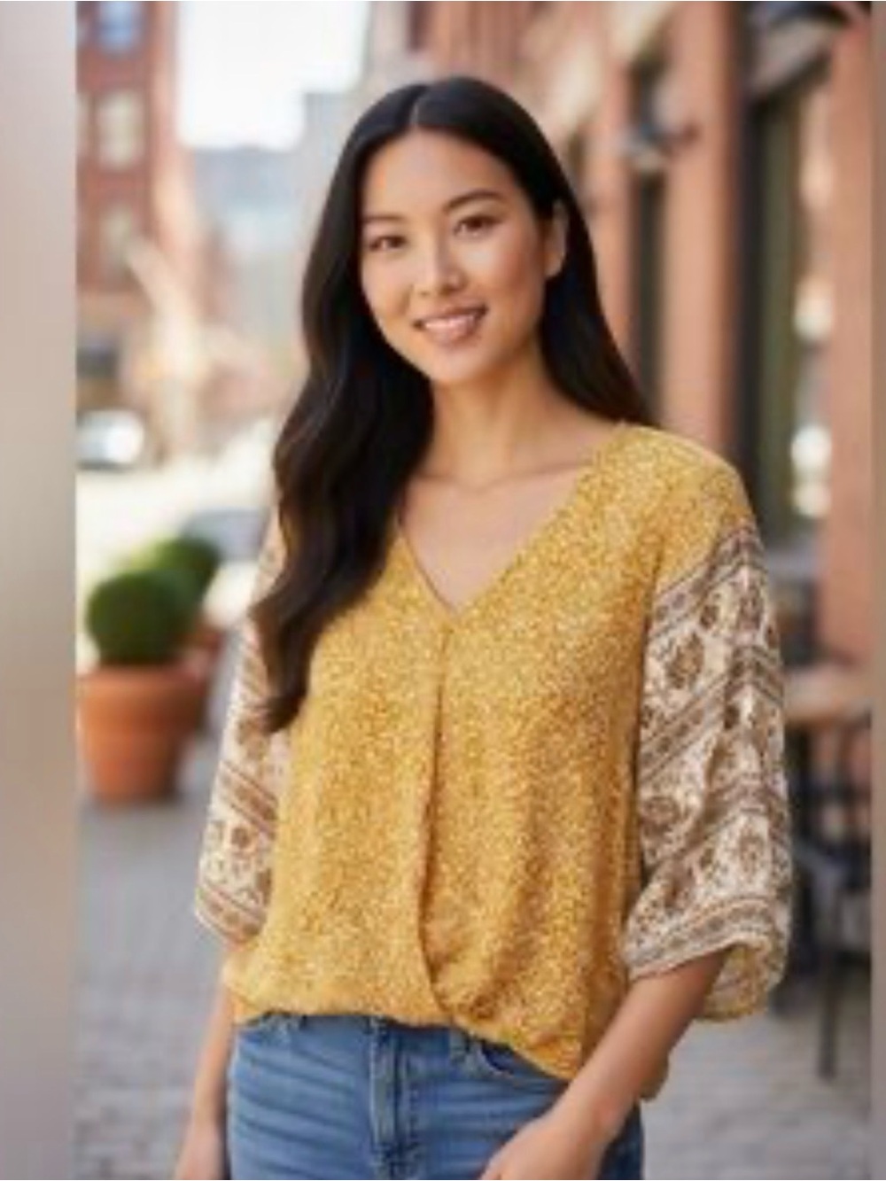 Westport Mustard Floral Mixed-Print Blouse XL
